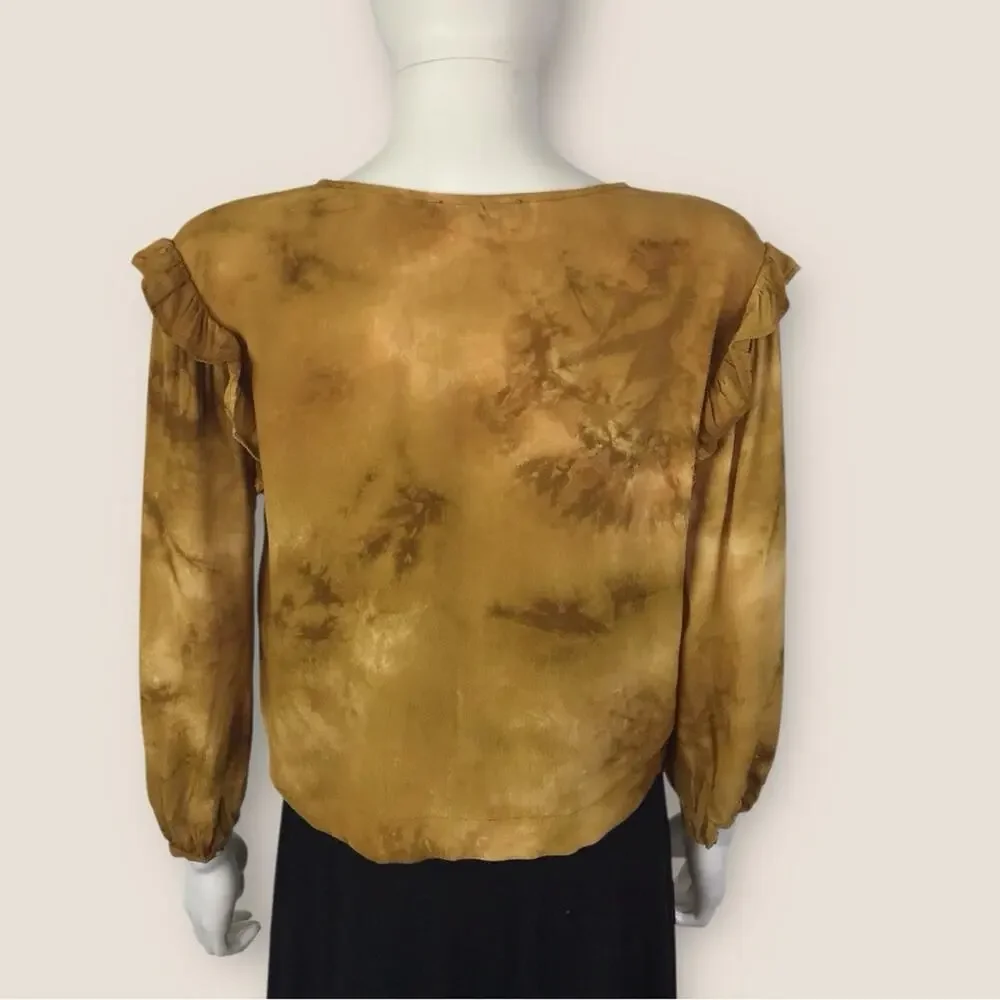 Madewell Tie-dyed Gold Blouse Puff Sleeve Ruffled Slightly Cropped Top